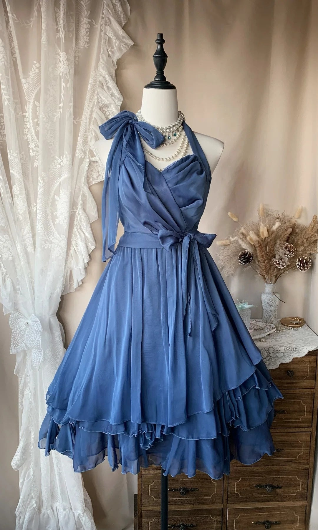 Halter A-Line Chiffon Navy Blue Homecoming Dress