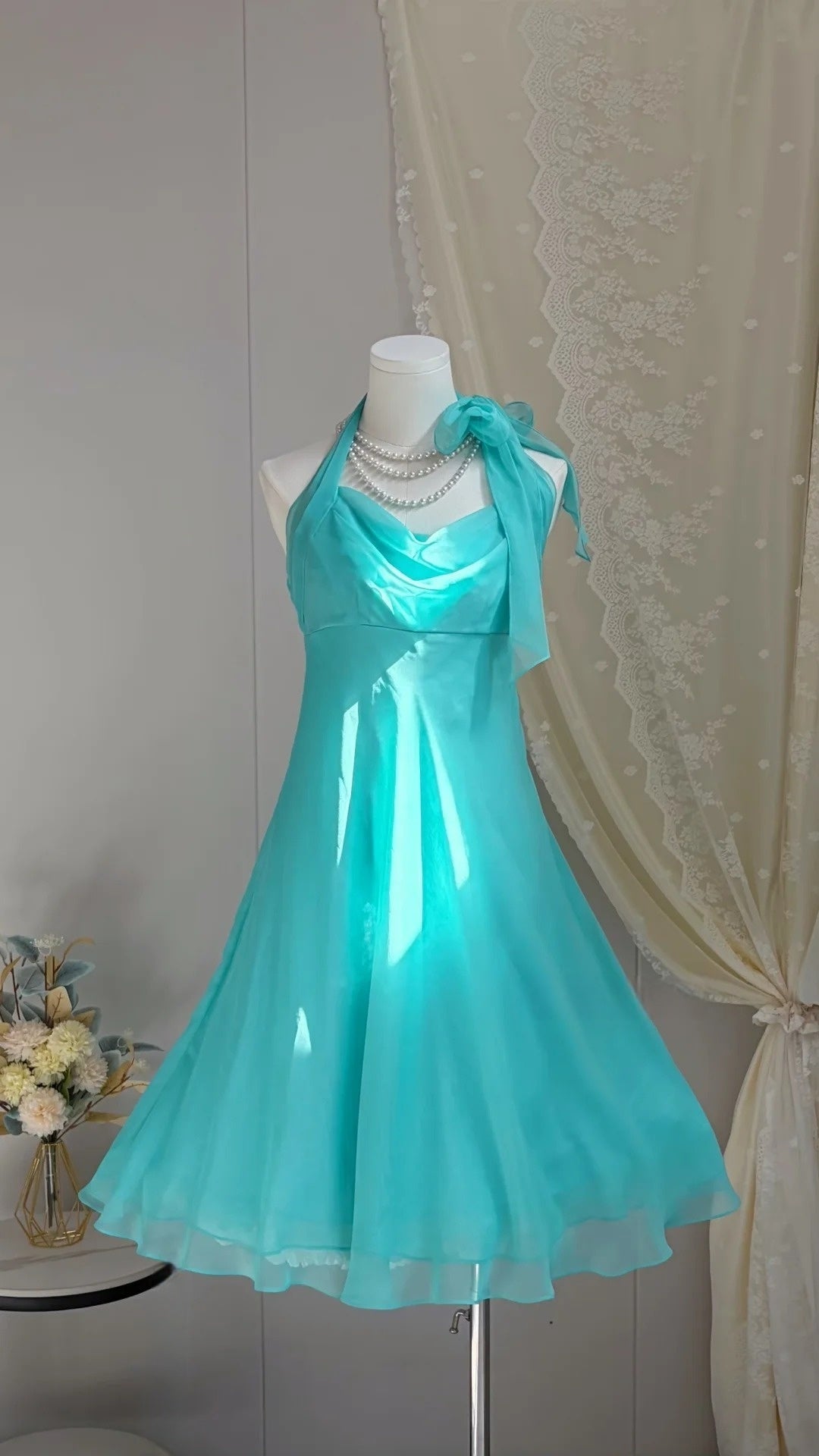 Halter A-Line Lake Blue Chiffon Homecoming Dress