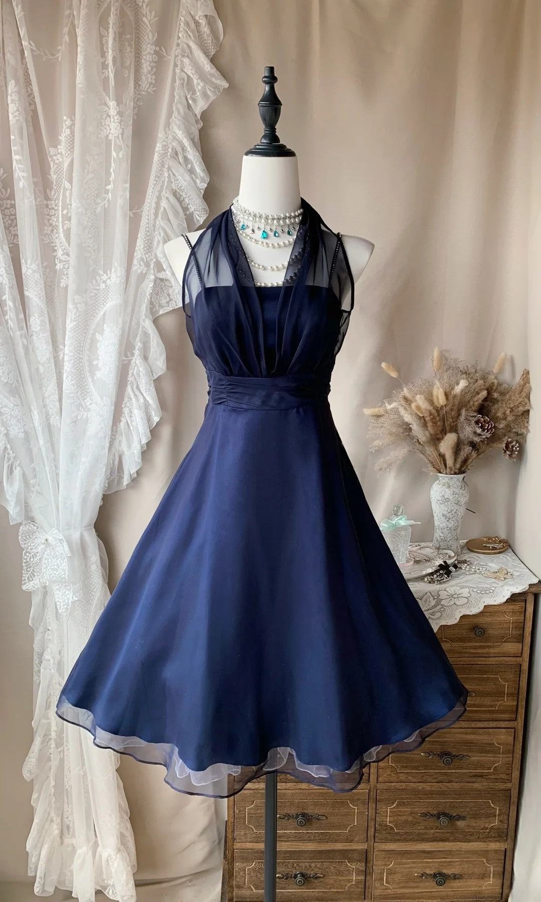 Halter A-Line Navy Blue Homecoming Dress Mini Party Dress