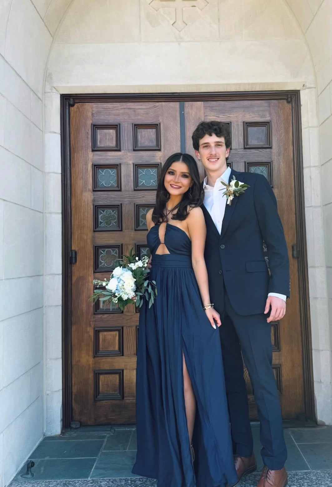 Halter A Line Navy Blue Prom Dress With Slit Formal Wedding Guest Gown J10099