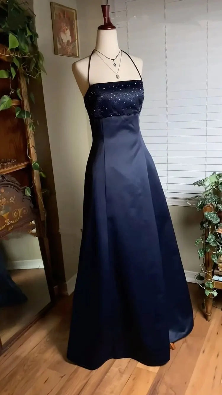 Halter A-Line Navy Blue Satin Prom Dress Retro Evening Dress