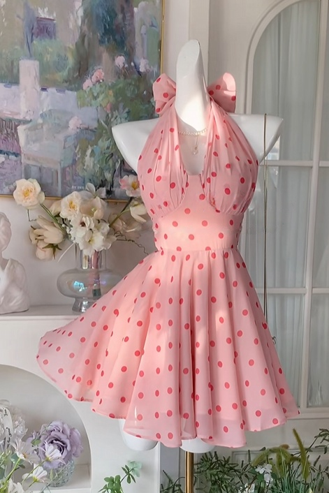 Halter A-Line Polka Dots Chiffon Homecoming Dress Short Birthday Dress