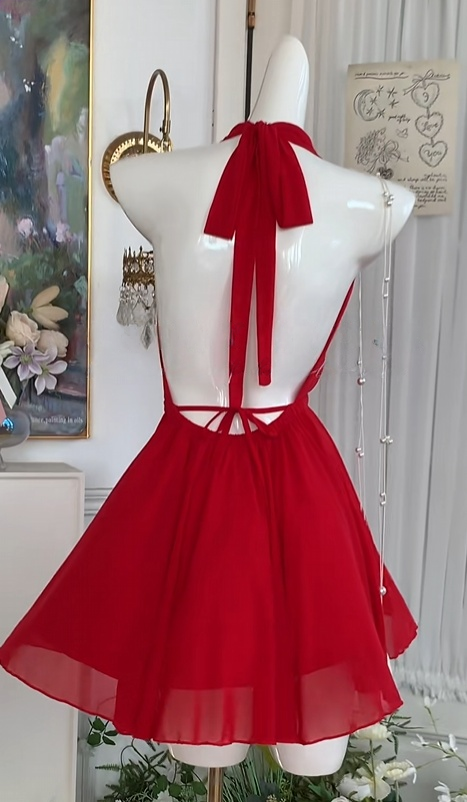 Halter A Line Red Chiffon Homecoming Dress Open Back Party Dress J10984
