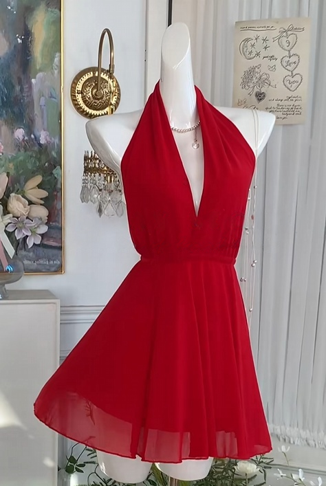 Halter A Line Red Chiffon Homecoming Dress Open Back Party Dress J10984