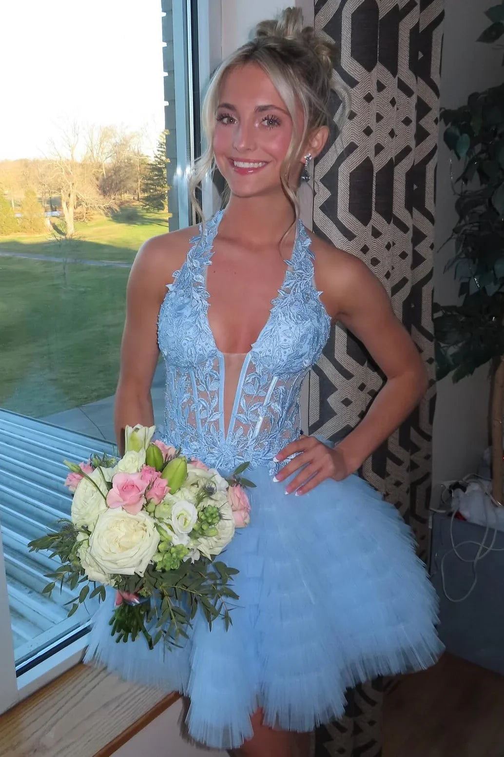 Halter B Neck A-Line Homecoming Dress Appliques Layered Party Dress
