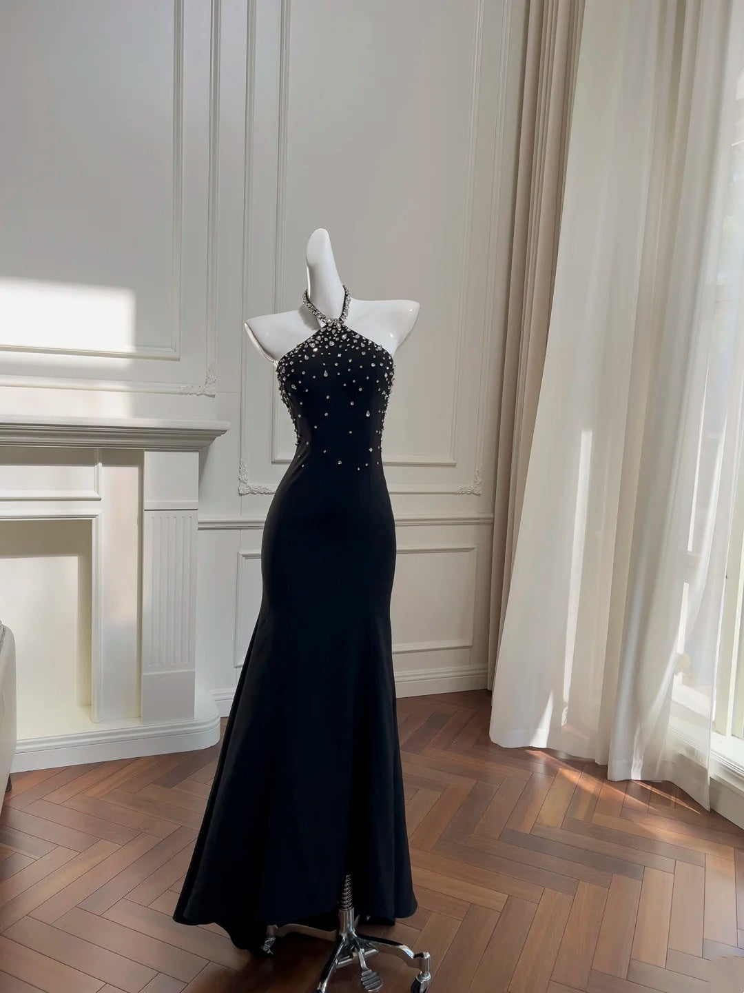 Halter Black Mermaid Beaded Prom Dress Sexy Evening Dress