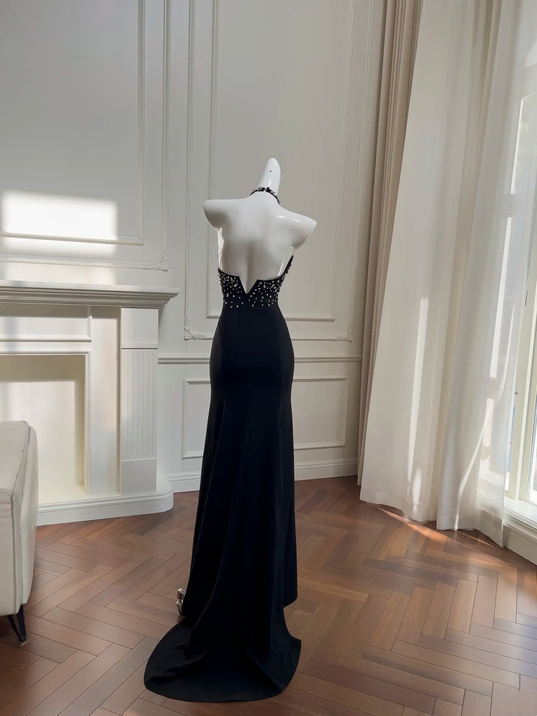 Halter Black Mermaid Beaded Prom Dress Sexy Evening Dress