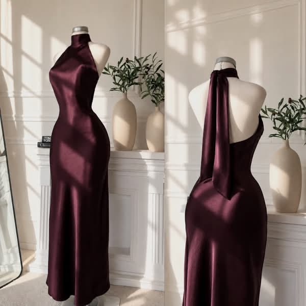 Halter Burgundy Sheath Satin Formal Prom Dress Open Back Evening Dress
