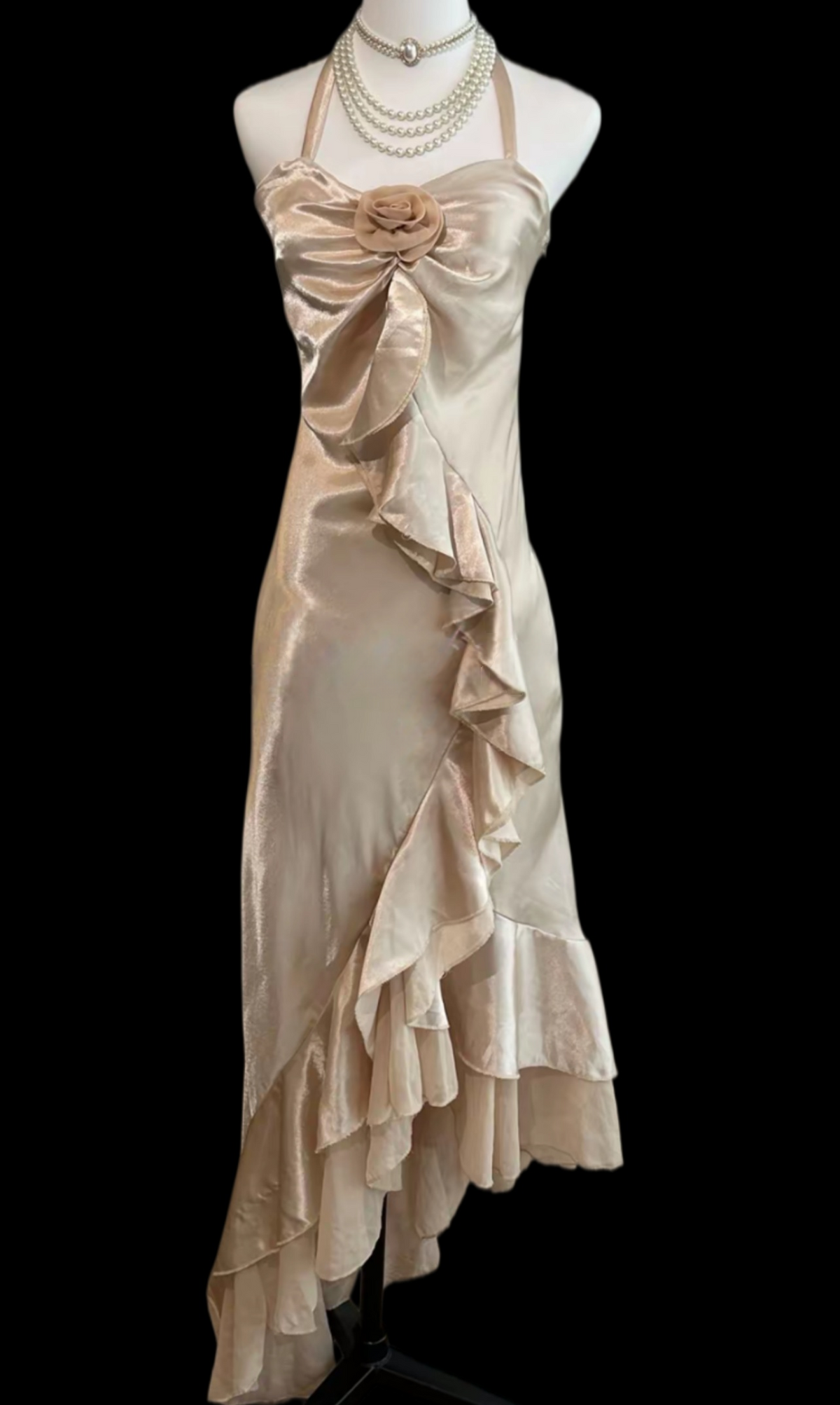Halter Champagne Ruffled Prom Dress Formal Evening Dress J9840