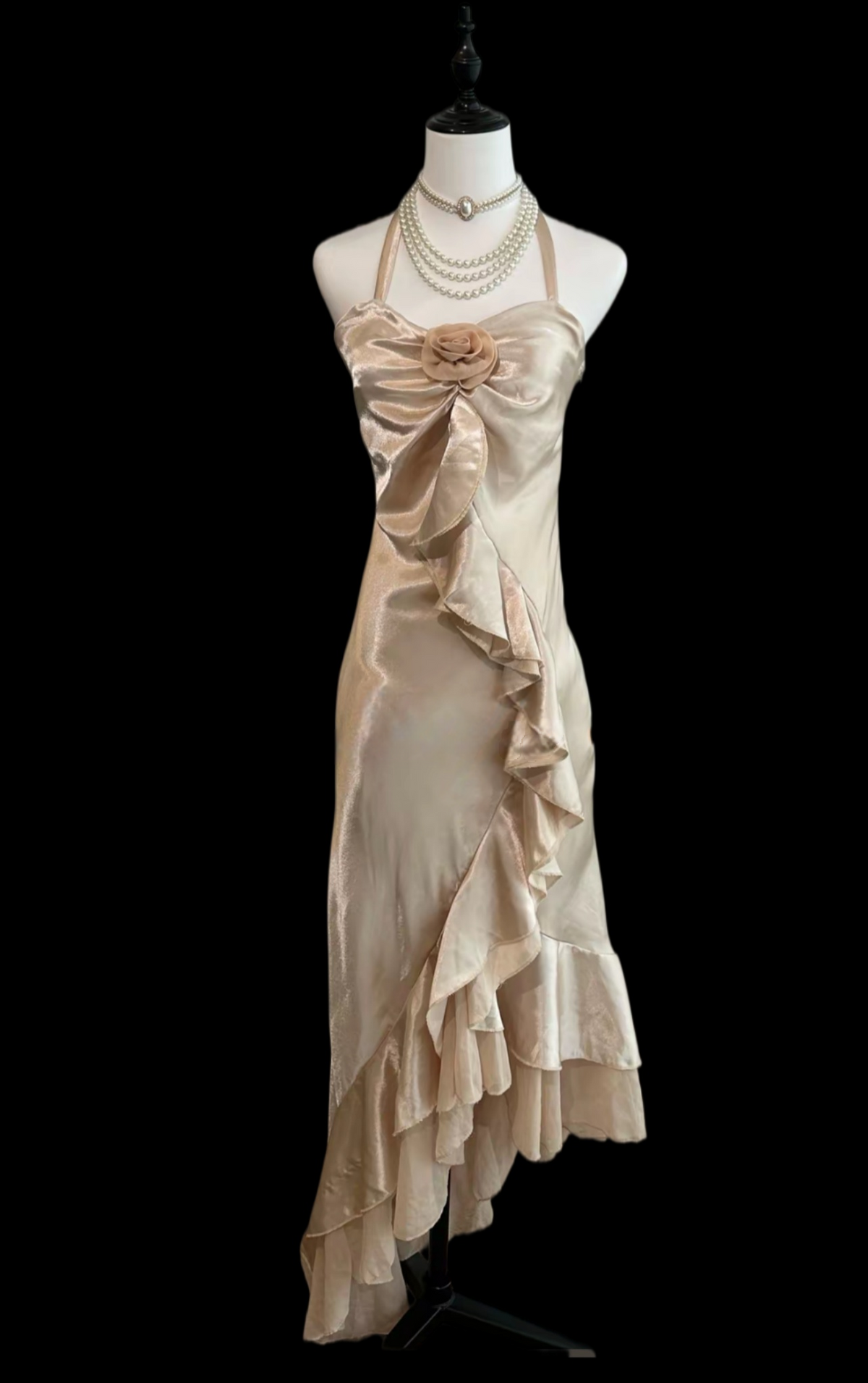 Halter Champagne Ruffled Prom Dress Formal Evening Dress J9840