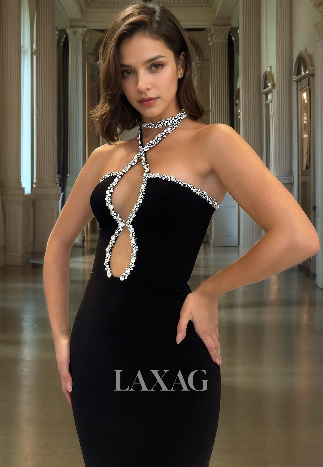 Halter-Neck Cutout Beaded Pleated Satin Party Gowns Off-Shoulder Sleeveless Mermaid Prom Dress