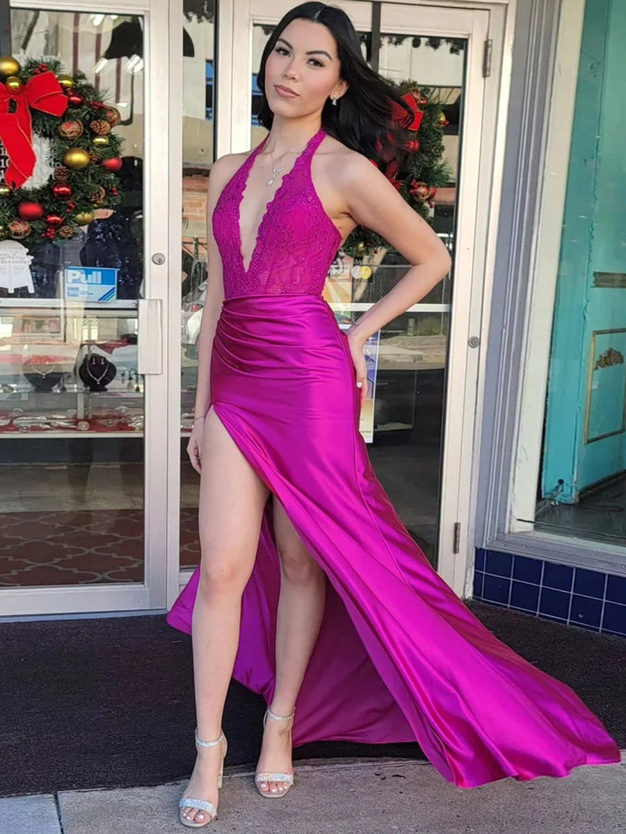 Halter Fitted Lace Bodice Long Prom Dress with Slit