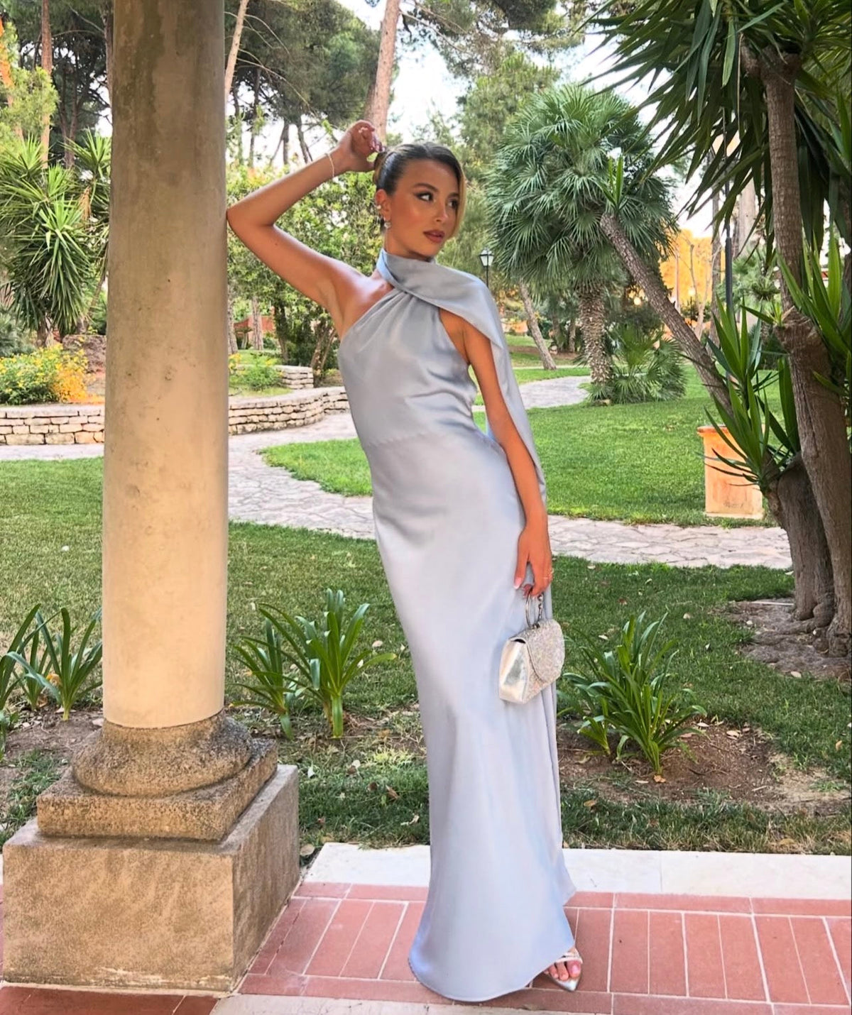 Halter Gray Blue Satin Formal Wedding Guest Dress
