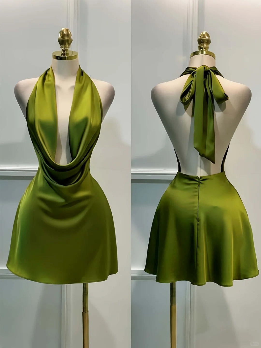 Halter Green Satin Short Birthday Dress A-Line Homecoming Dress