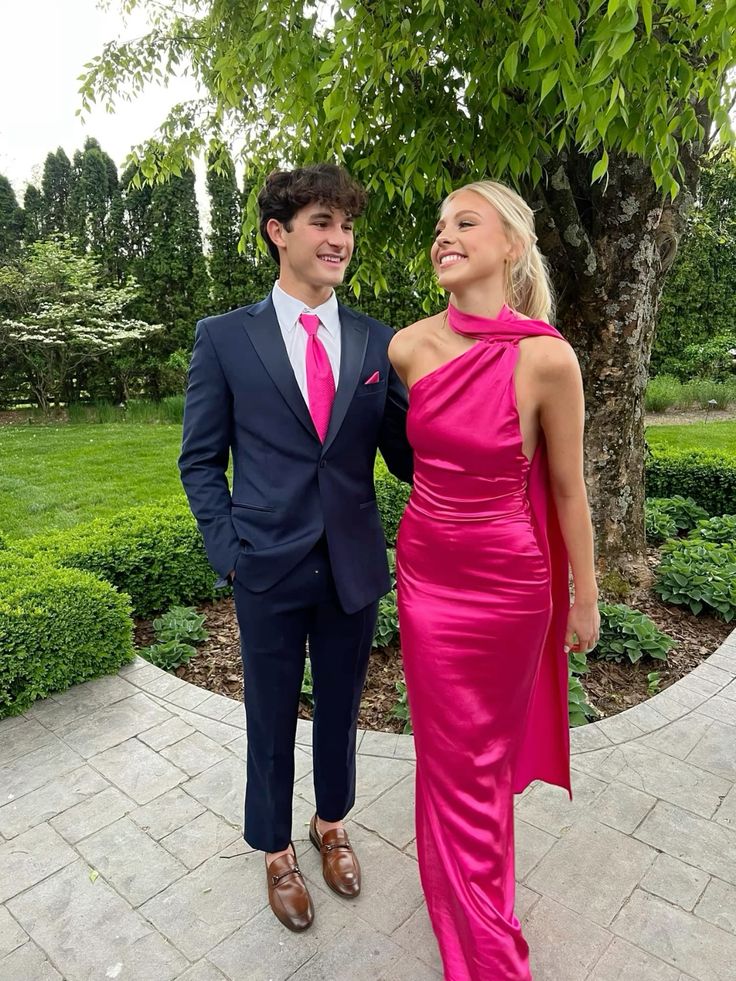 Halter Hot Pink Sheath Satin Wedding Guest Dress Long Formal Dress