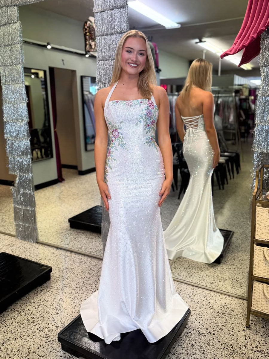 Halter Lace-Up Back Prom Dress with Floral Embroidered Bodice - FashionDia