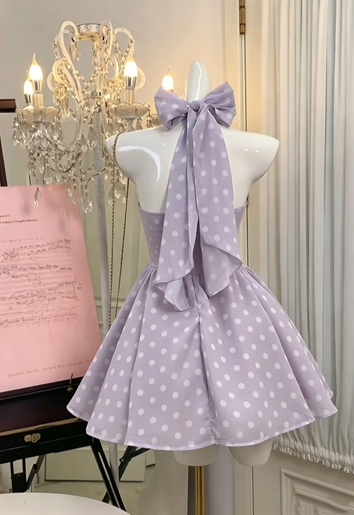 Halter Lilac Chiffon Homecoming Dress Short Polka Dot Birthday Dress