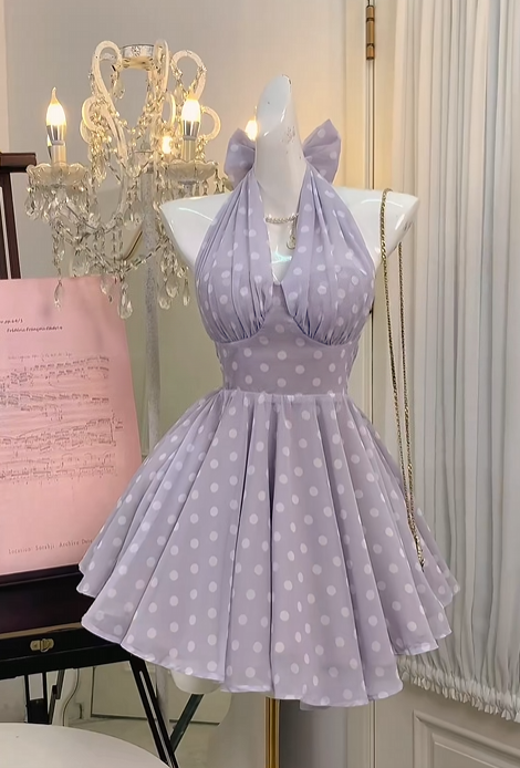 Halter Lilac Chiffon Homecoming Dress Short Polka Dot Birthday Dress
