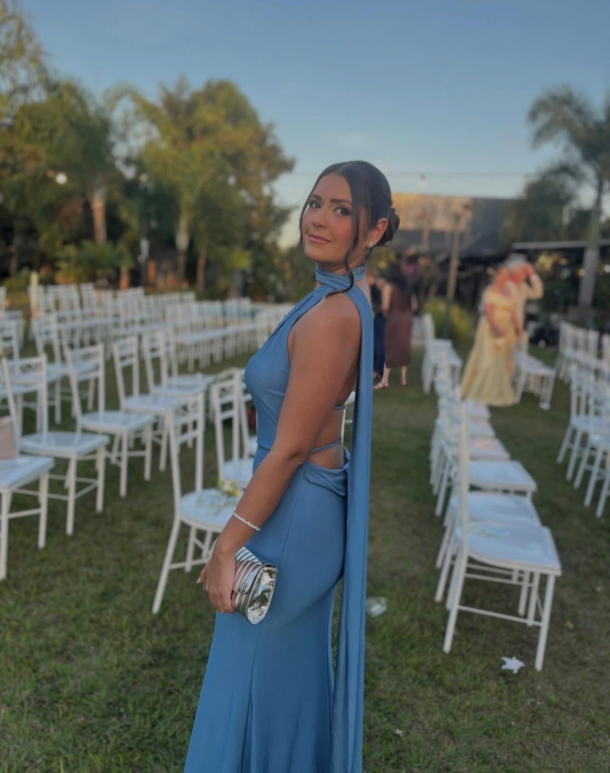 Halter Mermaid Blue Wedding Guest Dress Senior Prom Dress