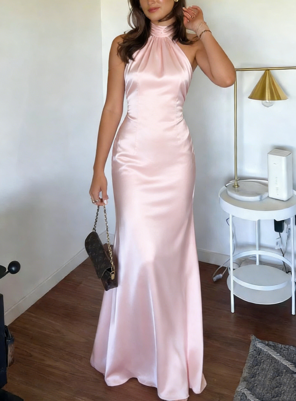 Halter Mermaid Satin Blush Pink Prom Dress