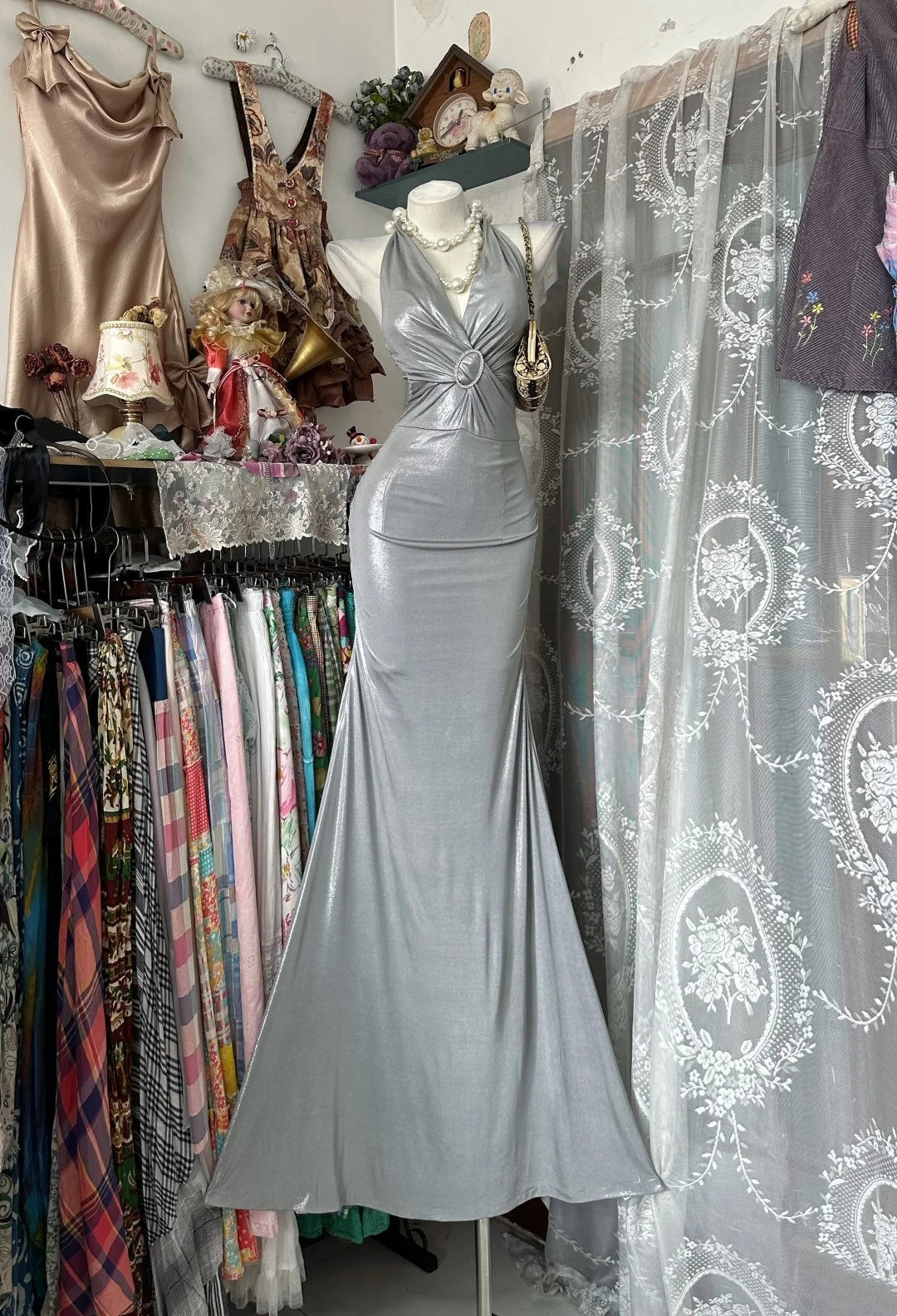 Halter Mermaid Silver Prom Dress Formal Evening Dress