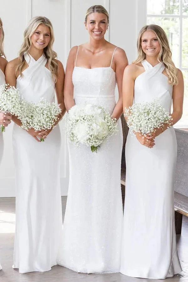 Halter Neckline Cutout Back Long White Bridesmaid Dress BD120 by pgmdress