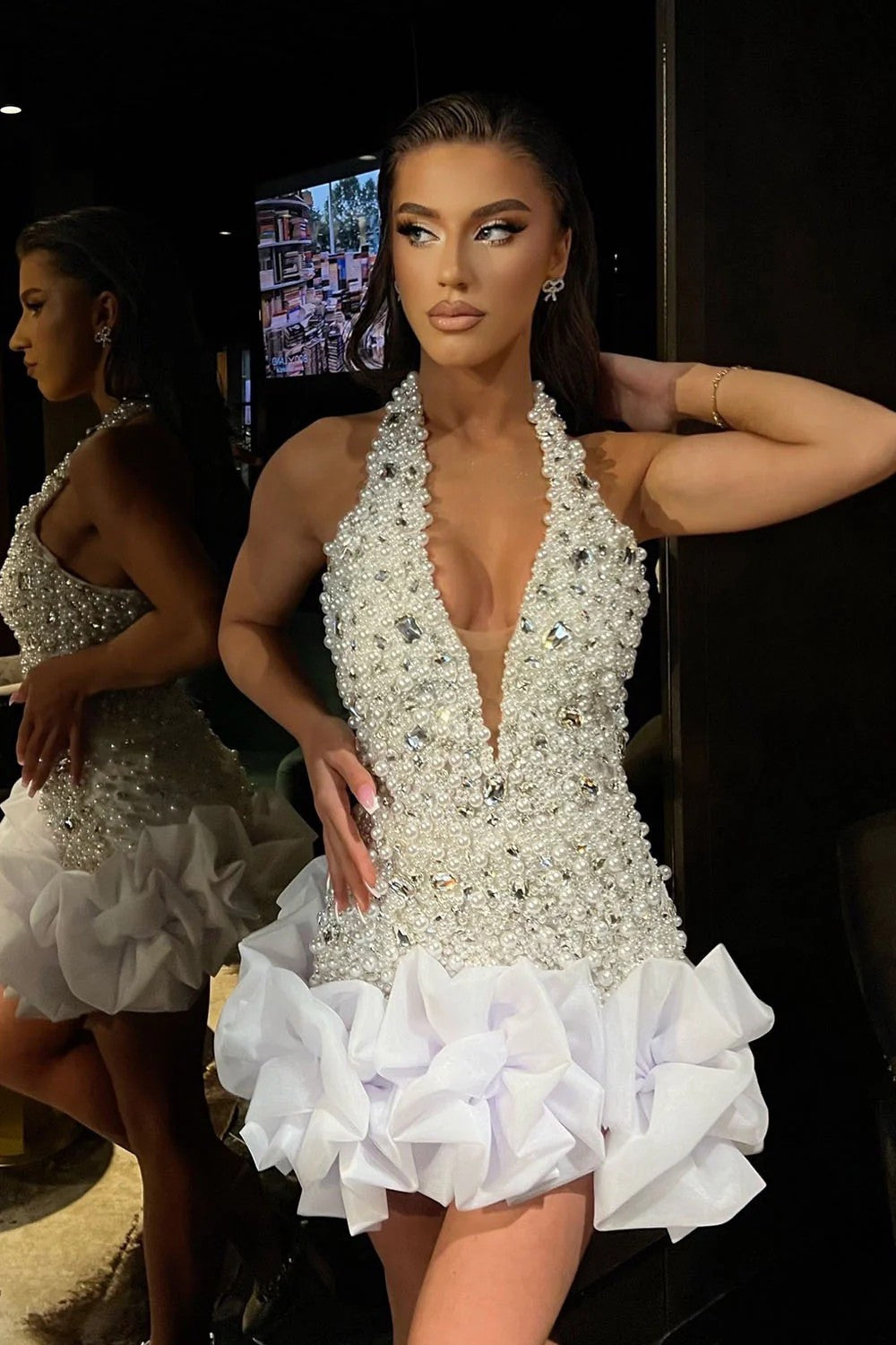 Luxury Pearl & Crystal Embellished Halter Homecoming Dress with Ruffled Hem - FashionDia