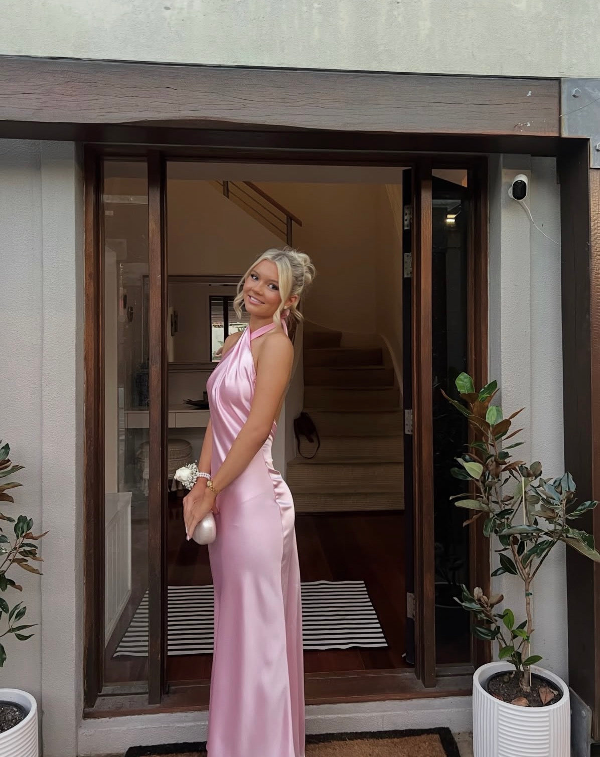 Halter Pink Satin Formal Wedding Guest Dress Evening Gowns J11782