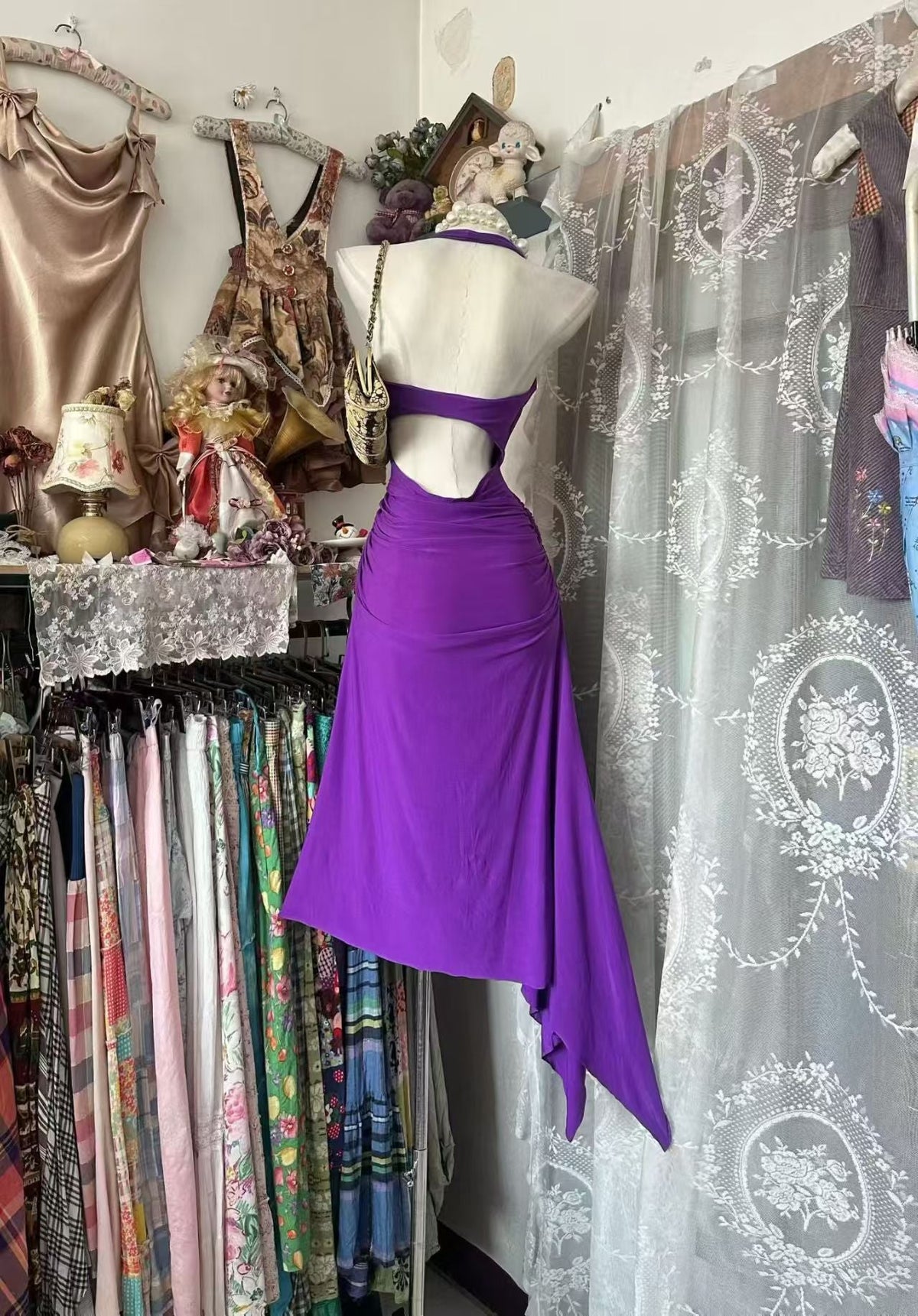 Halter Purple Mermaid Satin Evening Dress Sexy Birthday Dress