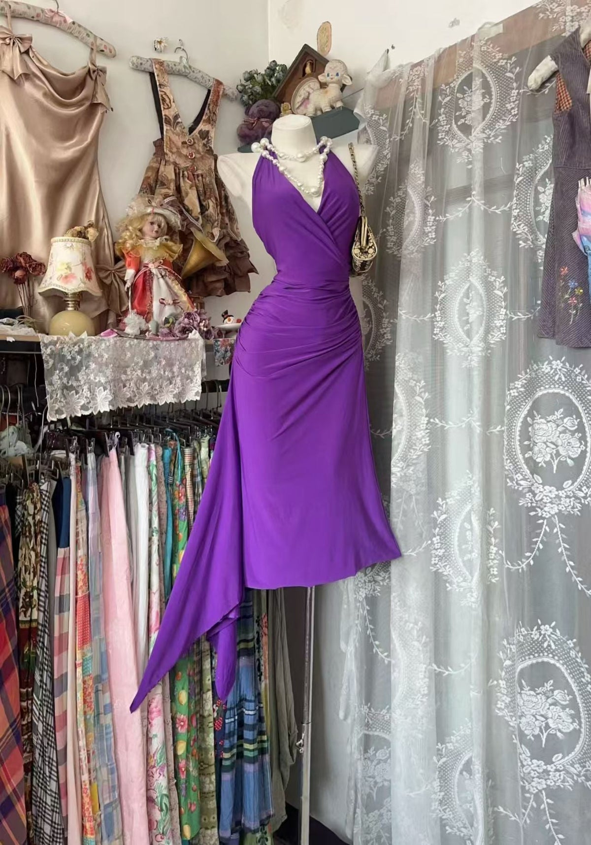 Halter Purple Mermaid Satin Evening Dress Sexy Birthday Dress