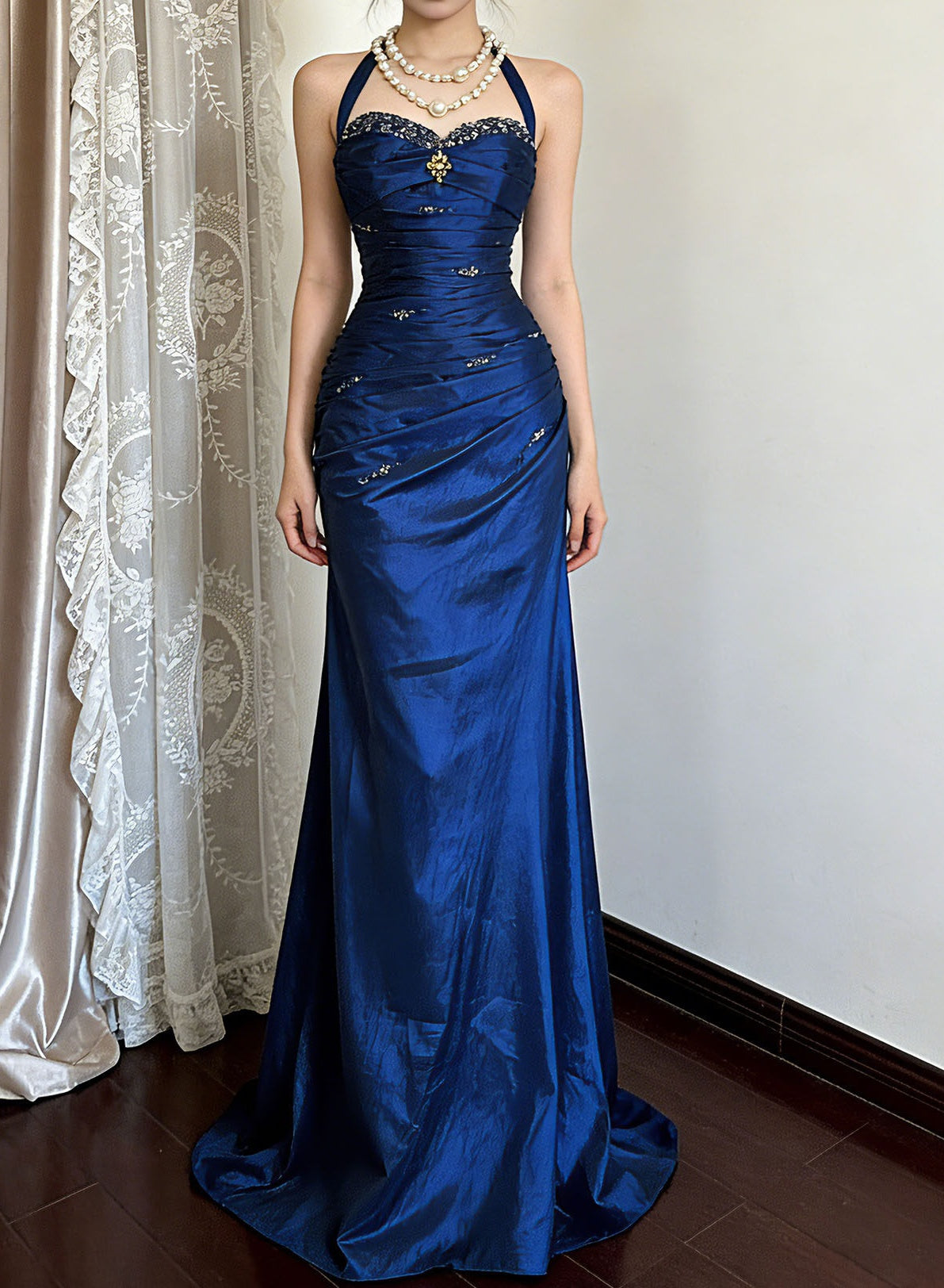 Halter Royal Blue Retro Prom Dress Mermaid Beaded Evening Gown J10072