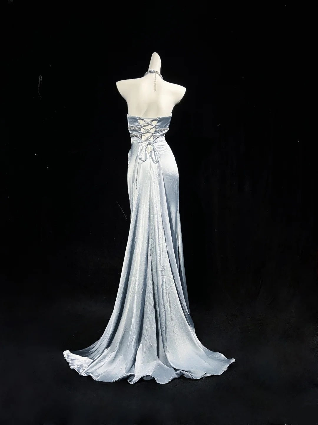 Halter Satin Mermaid Prom Dress Formal Beaded Evening Dress