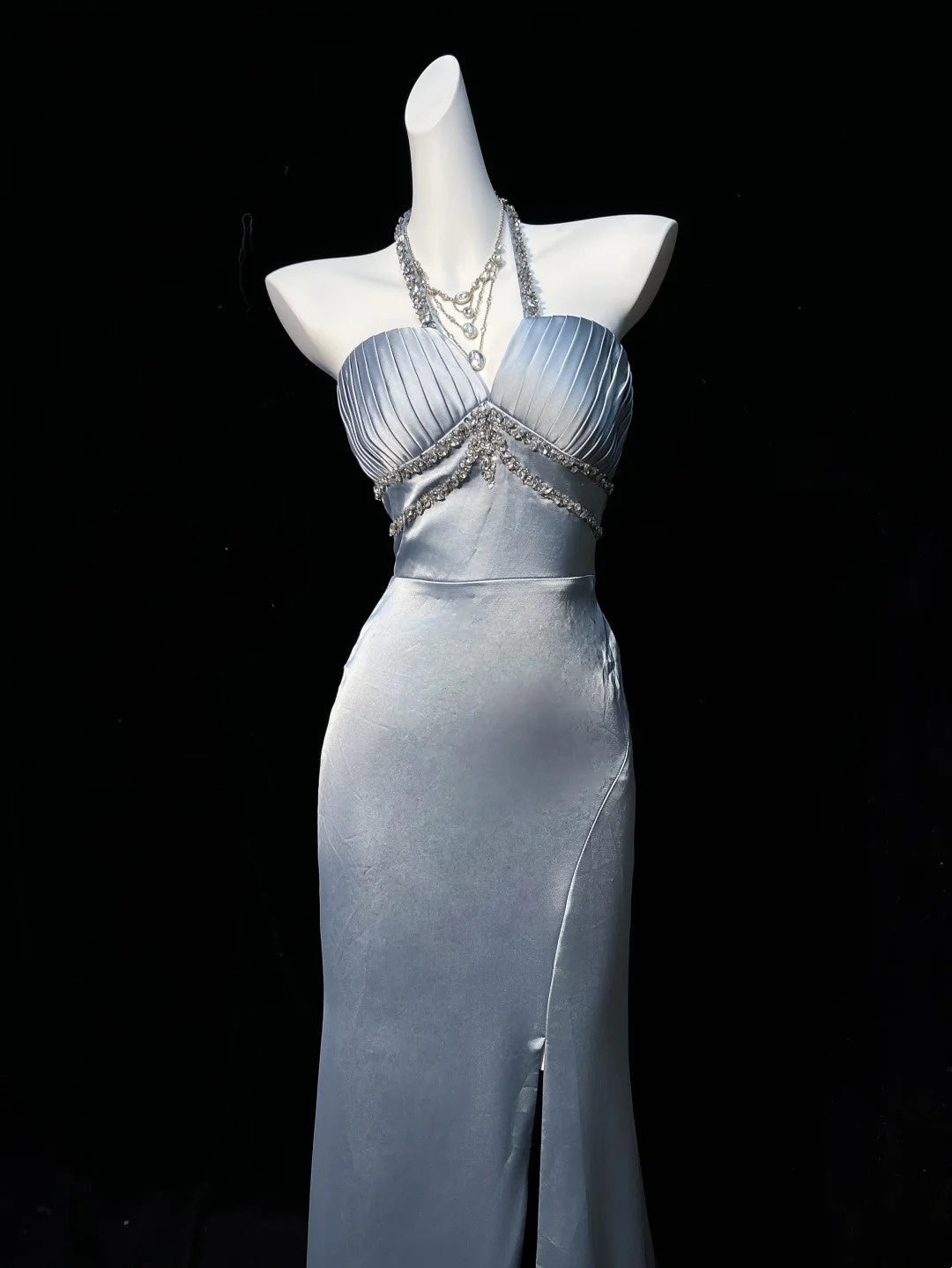 Halter Satin Mermaid Prom Dress Formal Beaded Evening Dress