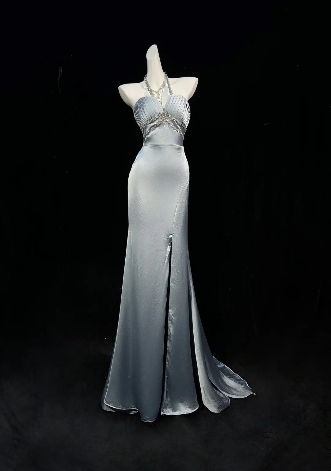 Halter Satin Mermaid Prom Dress Formal Beaded Evening Dress