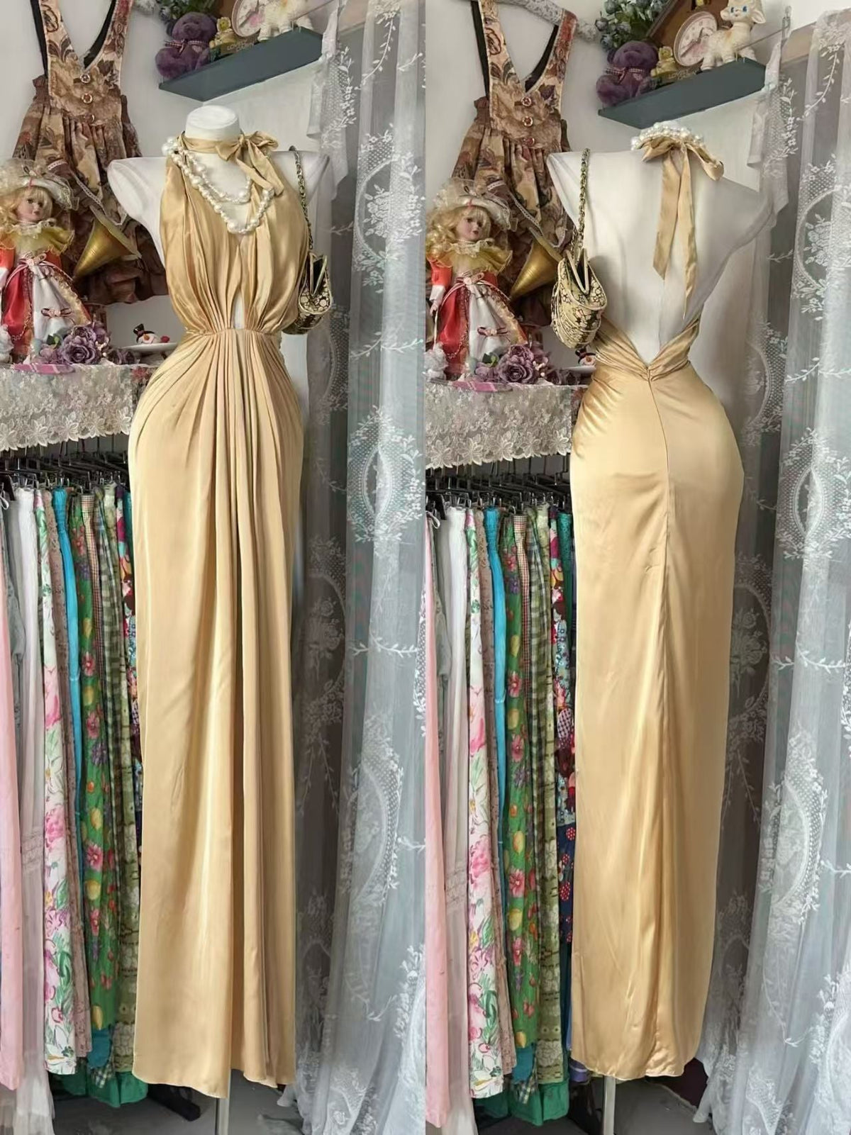 Halter Sheath Satin Prom Dress Open Back Evening Dress