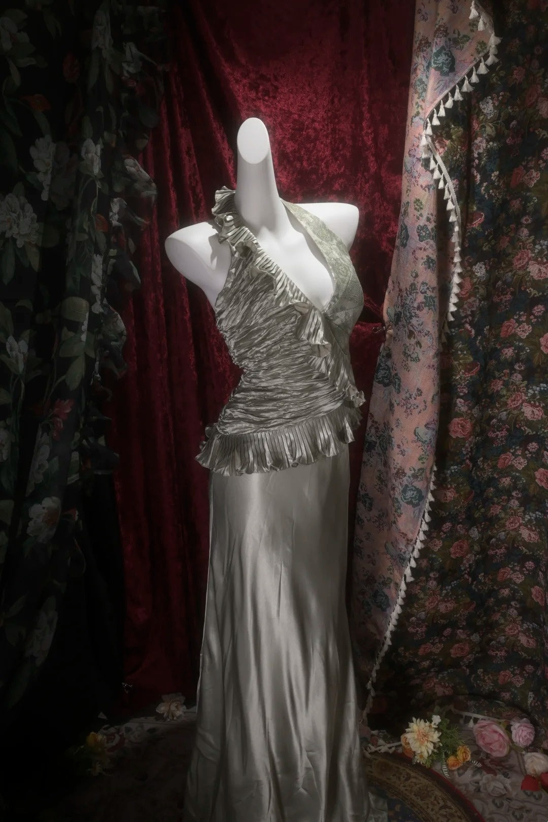 Halter Silver Satin Prom Dress Pleated Evening Gown J10767