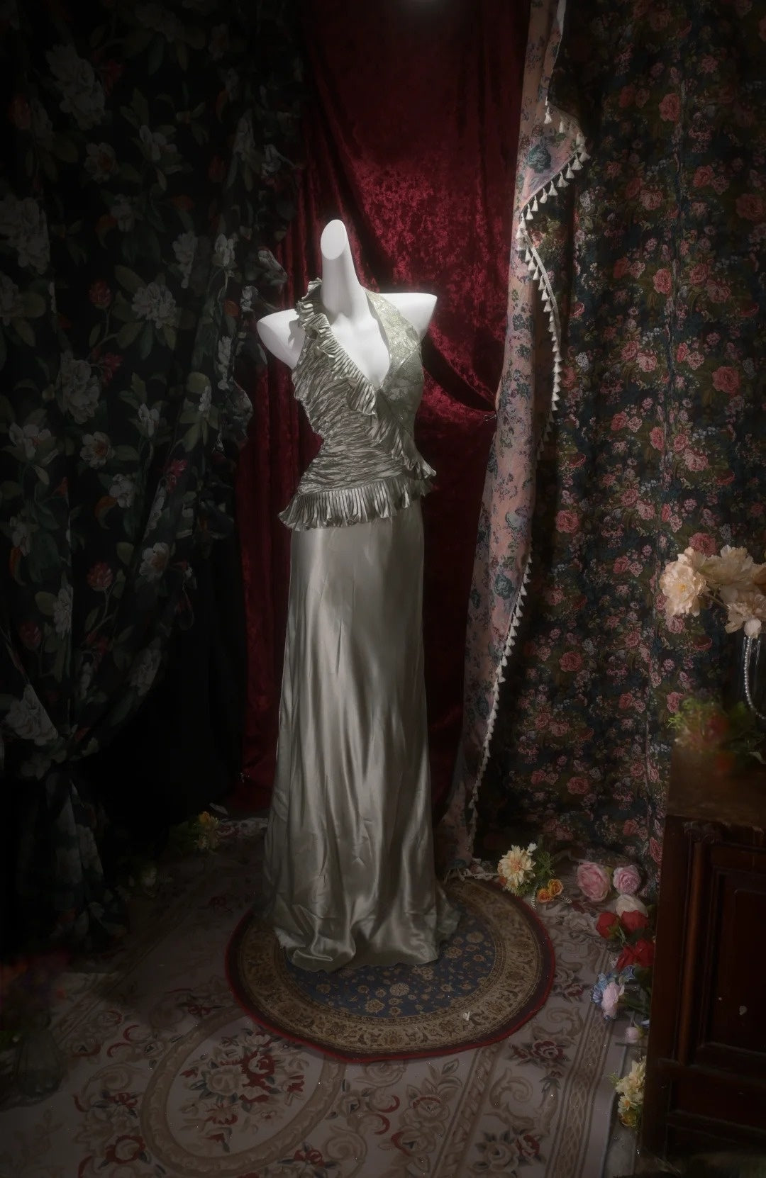 Halter Silver Satin Prom Dress Pleated Evening Gown J10767