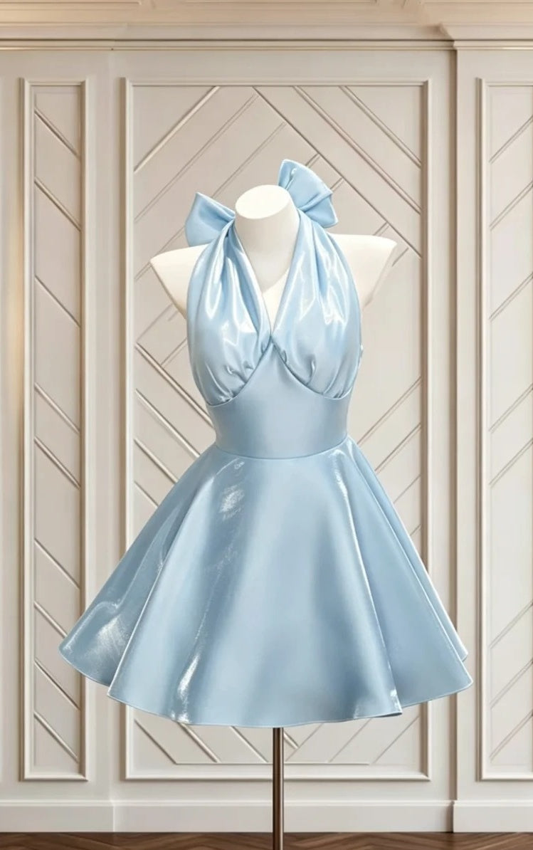 Halter V-Neck Blue Homecoming Dress A-Line Birthday Dress