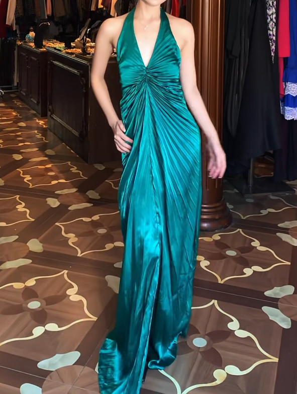 Halter V-Neck Green Satin Prom Dress With Front Slit