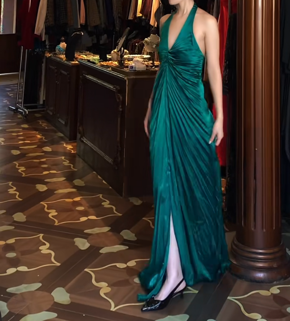 Halter V-Neck Green Satin Prom Dress With Front Slit