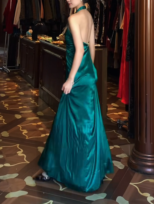 Halter V-Neck Green Satin Prom Dress With Front Slit