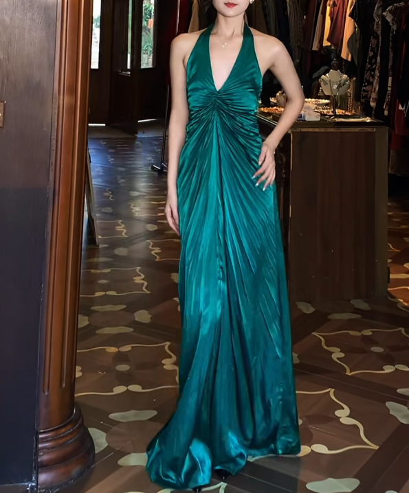 Halter V-Neck Green Satin Prom Dress With Front Slit