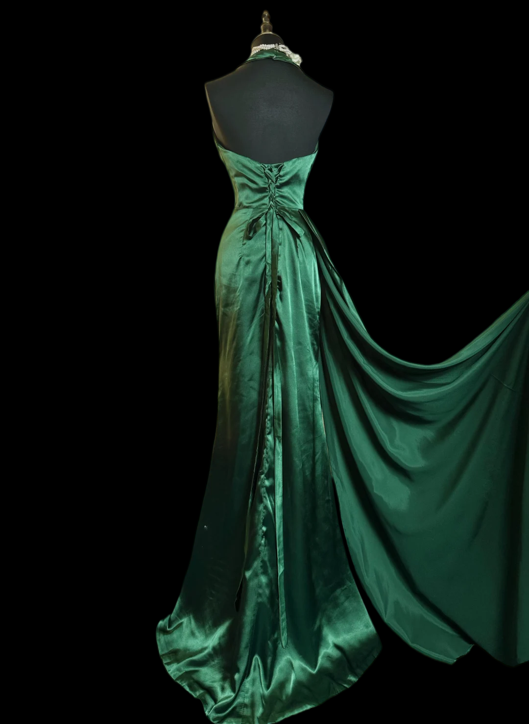 Halter V-Neck Green Satin Prom Dress With Slit