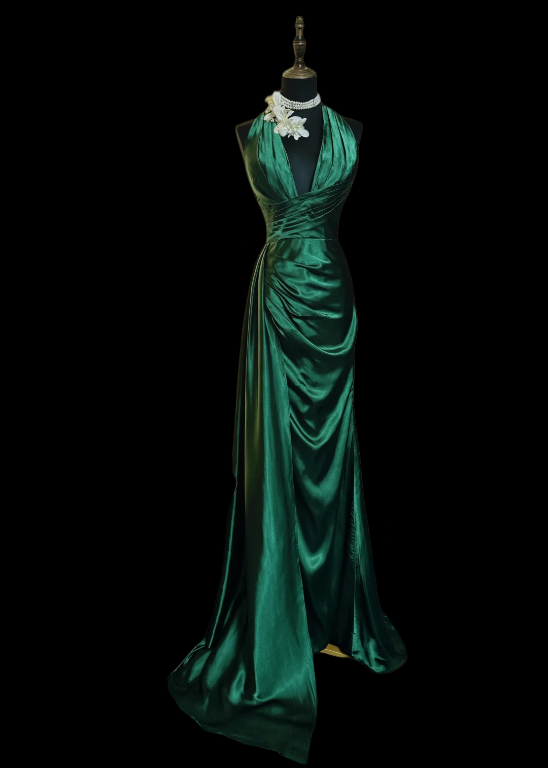 Halter V-Neck Green Satin Prom Dress With Slit
