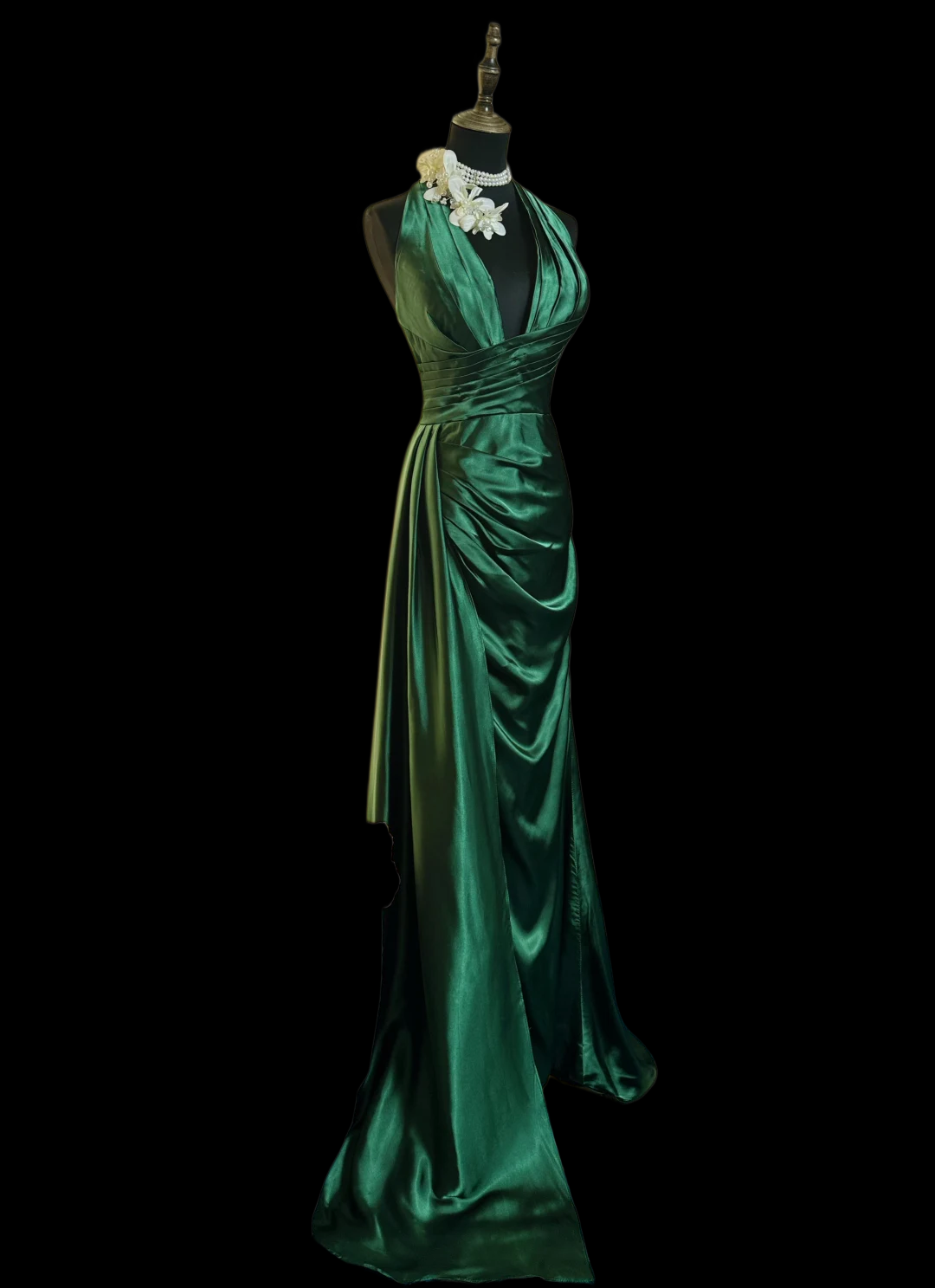 Halter V-Neck Green Satin Prom Dress With Slit