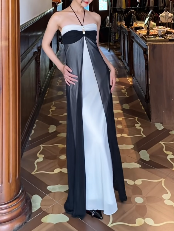 Halter White Black Retro Chiffon Prom Dress J9678
