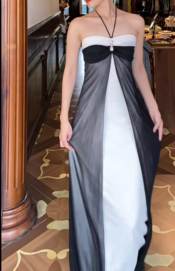 Halter White Black Retro Chiffon Prom Dress J9678