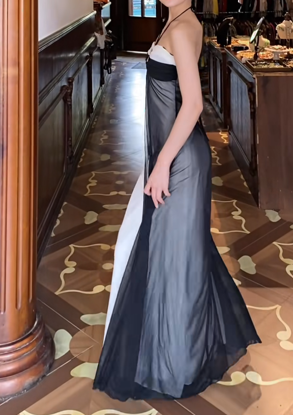 Halter White Black Retro Chiffon Prom Dress J9678