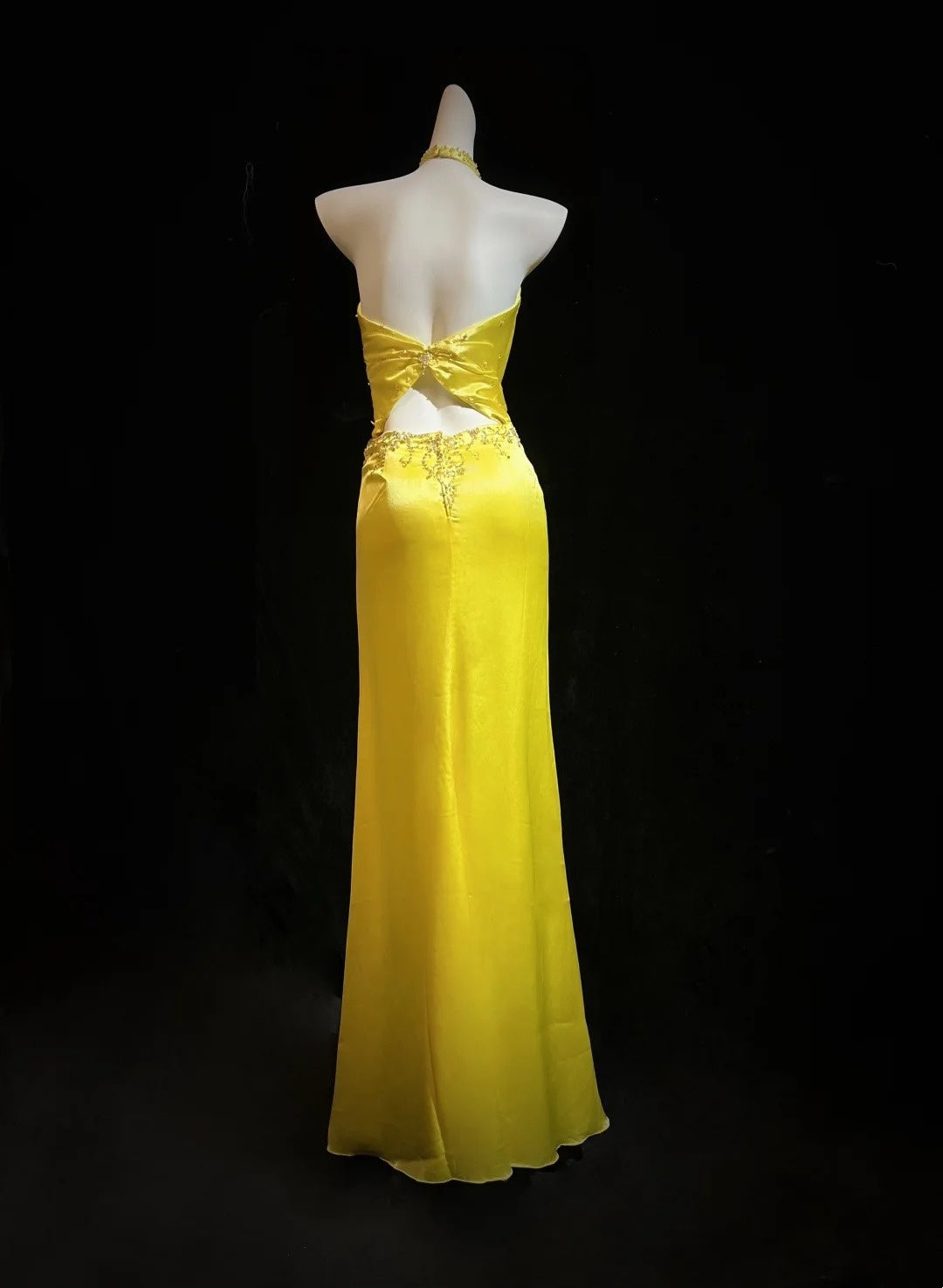Halter Yellow Satin Prom Dress With Slit Retro Evening Gown J10564