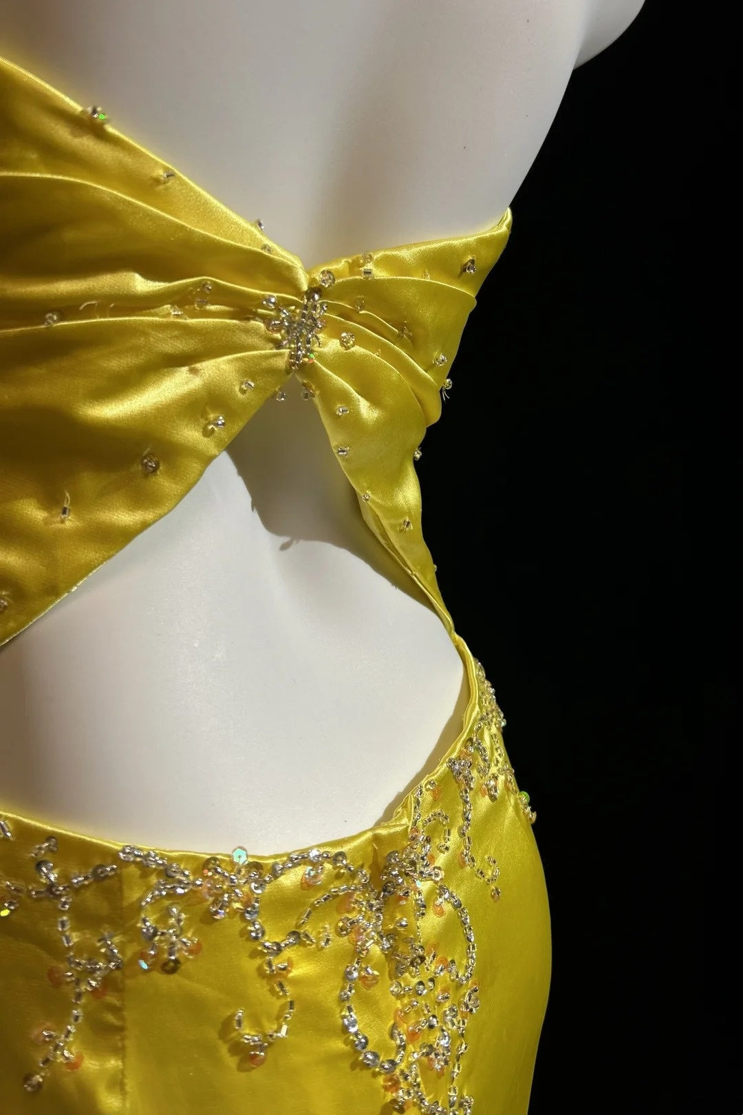 Halter Yellow Satin Prom Dress With Slit Retro Evening Gown J10564